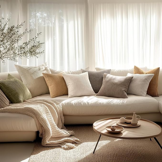 MIULEE Decorative Corduroy Throw Pillow Covers Set of 2 20x20 Cream White | Soft Striped Textured Cushion Cases, Boho Square Pillowcases Neutral Home Decor, for Couch Chair Sofa Bed Living Room
