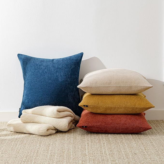 a moment Pack of 2 Decorative Chenille Throw Pillow Covers with Twill Cushion Covers for Sofa Living Room Couch Bed 24x24 Inch Blue