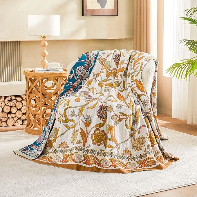 XIBLC Fall Throw Blanket for Couch, Brown Boho Decorative Throw Blanket, 100% Cotton Muslin Breathable Woven Farmhouse Blankets Quilt, 80"x90" Reversible Lightweight Blankets Bohemian Throw Quilt