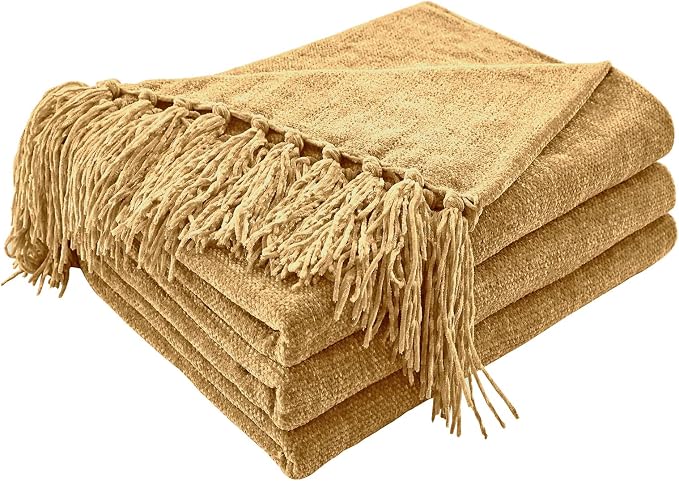 CozeCube Chenille Throw Blanket, Light Brown Fringe Blanket, 60"X80" | For Couch, Cozy Plush Fuzzy Decorative Blanket with Fringe Tassels, Lightweight Throws for Bed Sofa Gift Home Decor
