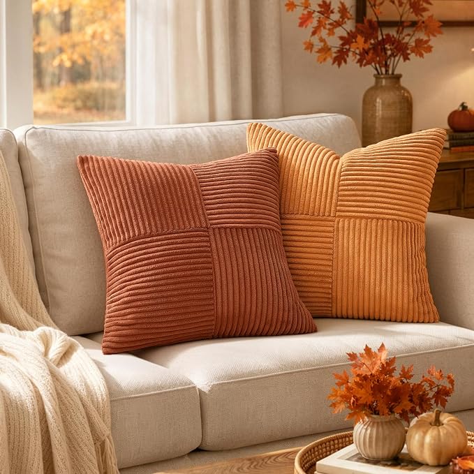 MIULEE Fall Burnt Orange Decorative Throw Pillow Covers for Couch 16x16 in | 2 Pack, Boho Farmhouse Pillow Covers, Soft Cross Corduroy Patchwork Textured Cushion Cases For Bed Sofa