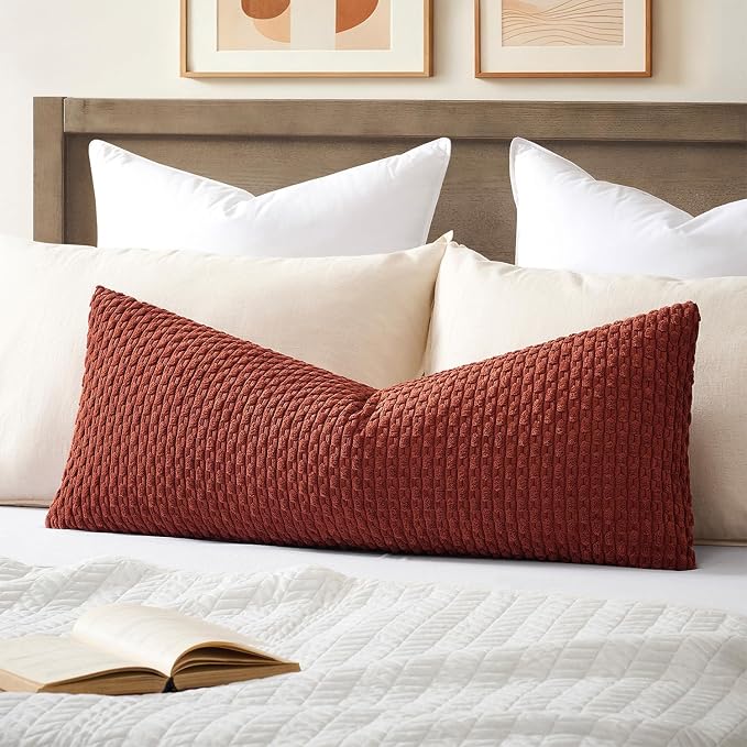 Kevin Textile Soft Corduroy 20"x54" Body Pillow Cover 1 Pack, Burnt Brick | Fall Boho Stripe Plush Corduroy Decorative Oblong Cushion Cover Modern Farmhouse Home Decor for Sofa Couch Bed Chair