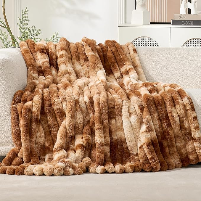 Cozy Bliss Faux Fur Throw Blanket for Couch, Cozy Warm Plush Striped Blanket for Sofa Bedroom Living Room, 90 * 90 Inches Tie-dye Brown