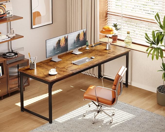 Coleshome 71 Inch Computer Desk with USB Ports, Large Office Desk, Long Study Student Writing Desk, Rustic Brown | Extra-long workspace • Fits dual monitors • Stable steel frame • Spacious legroom • Home office & gaming