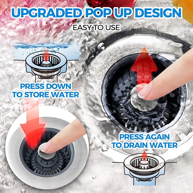 zaa 3 in 1 Kitchen Sink Drain Strainer Stopper Removable Basket Pop-Up | Kitchen Sink Accessories 2 Pack Silver Stainless - Food Catcher, Odor-Blocking Seal, Fits 3.5" Drain, Easy Clean