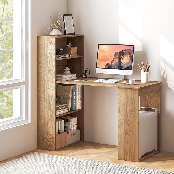 GRAFFY Computer Desk with 6 Storage Shelves - 48" Reversible Writing Desk Workstation with Bookshelf and CPU Stand, Modern Compact Office Desk for Bedroom, Study, Home, Office (Natural)