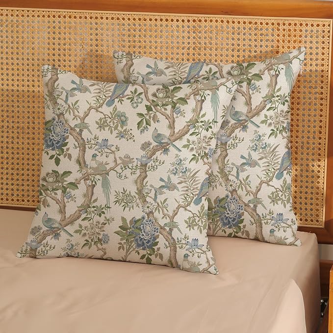 Blue Green Floral Bird Pillow Covers 16x16 Set of 2 Chinoiserie Throw Pillows Green Vintage Flowers Bird Decorative Pillow Cases Outdoor Chinoiserie Decor Farmhouse Cushion Case for Couch Sofa