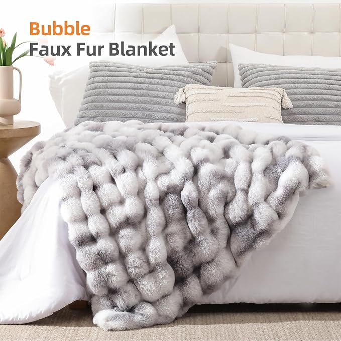 Faux Fur Throw for Couch - Tie-dye Grey Bubble Blanket 50"x60" | Fluffy Plush Fuzzy Throw for Sofa & Bed, Super Soft Cozy Comfrt Blanket, Luxury Aesthetic Grey Decor Gift for Women