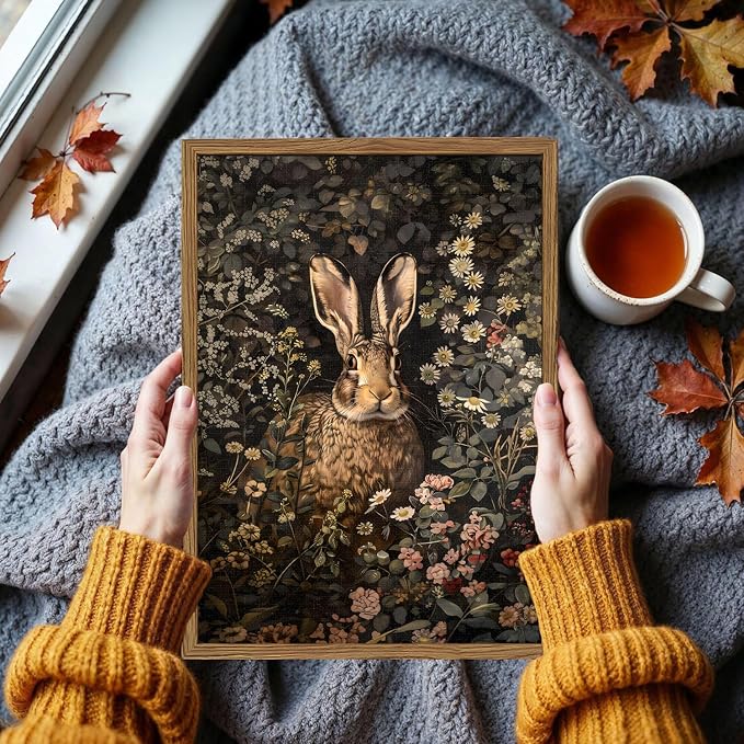 Dark Easter Rabbit Wall Art Vintage Cottagecore Bunny Wall Decor Painting Cute Easter Animal and Flower Poster Canvas Print Pictures for Bedroom Living Room Farmhouse 16x24 inch Wood Framed