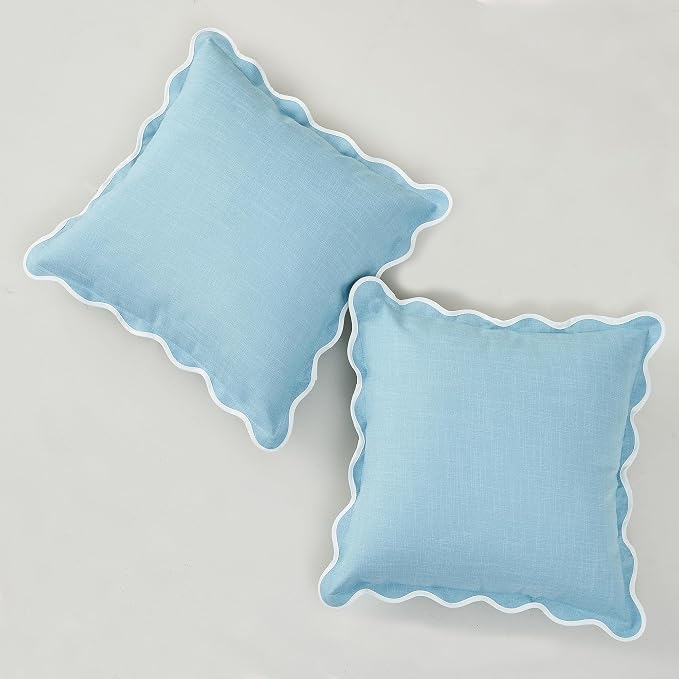 Scalloped Pillow Covers Set of 2 for Living Room | Spring Decorative Sofa Couch Pillows | Boho Sytle Decorative Home | Aesthetic Funky Preppy Pillow Cases (Blue, 22x22 Inch)