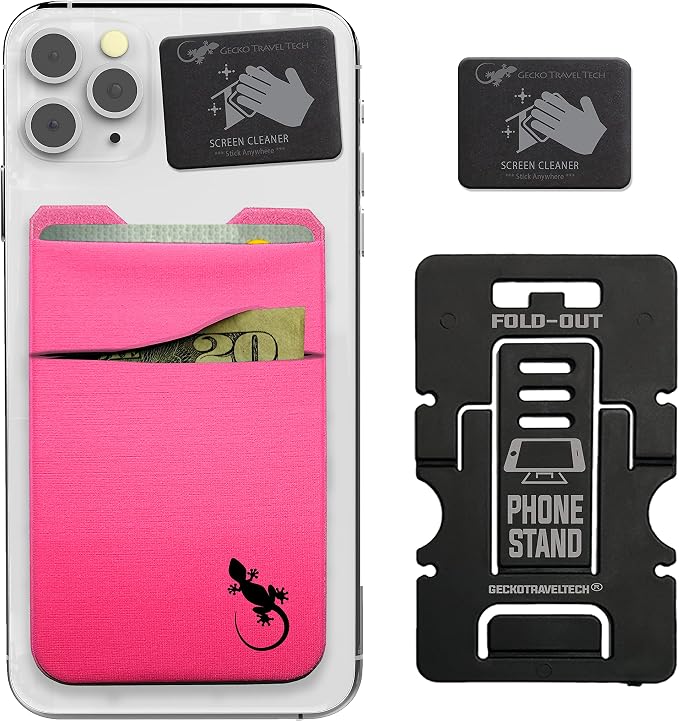 Gecko Travel Tech Double Pocket - Adhesive Card Holder - Cell Phone Pouch - Stick on Spandex Pocket - Carry Credit Cards and Cash (PINK BLACK)