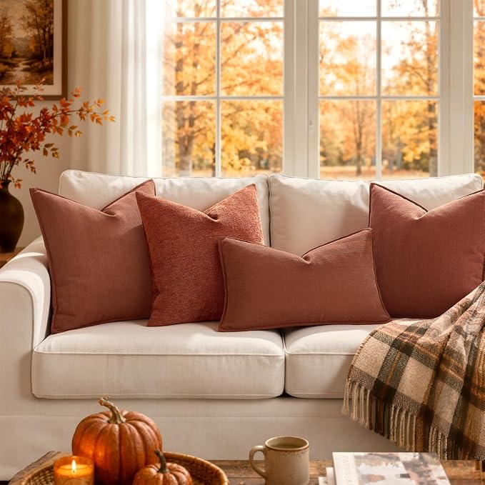 MIULEE Pack of 2 Fall Burnt Orange Euro Shams Chenille Pillow Covers 24x24 | Decorative Soft Couch Throw Pillows,Farmhouse Cushion Covers,Elegant Design for Sofa,Bed,Living Room,Summer Decor