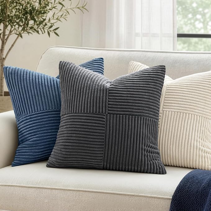 MIULEE Grey Decorative Throw Pillow Covers for Couch 18x18 Inch | 2 Pack, Boho Farmhouse Pillow Covers, Soft Cross Corduroy Patchwork Textured Cushion Cases For Bed Sofa