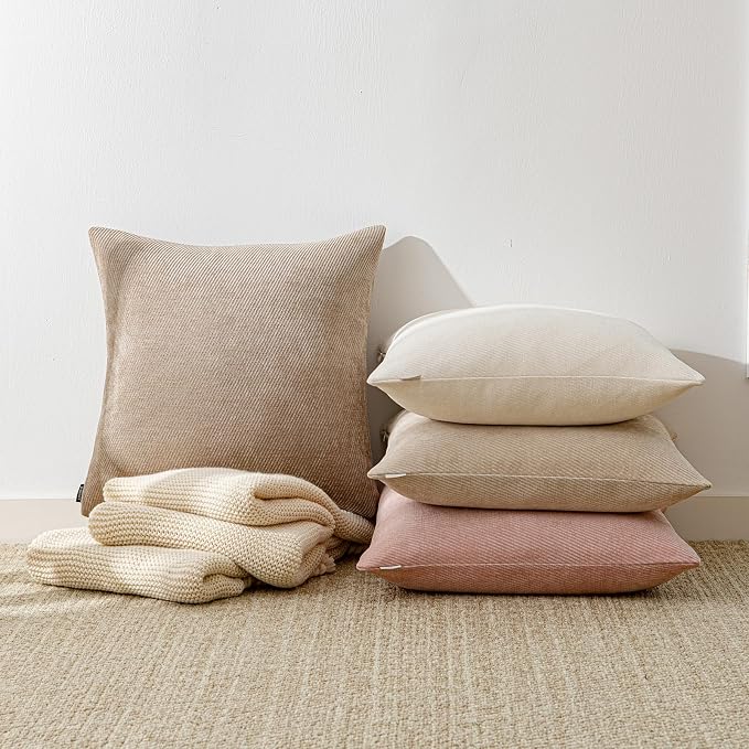a moment Pack of 2 Decorative Chenille Throw Pillow Covers with Twill Cushion Covers for Sofa Living Room Couch Bed 16x16 Inch Light Brown