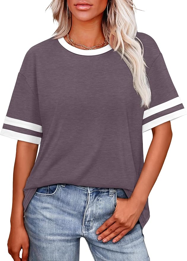 WIHOLL Womens T Shirts Loose Fit Short Sleeve Tees Crew Neck Color Block Summer Tops 2026 Fashion