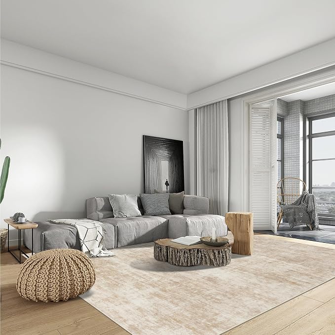 10x14 Area Rugs Washable Rug: Modern Abstract Living Room Rug Soft Anti-Skid Thin Carpet Indoor Floor Non-Shedding Carpets for Bedroom Dining Room Farmhouse Nursery Home Office Beige