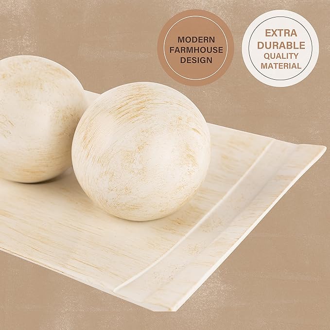 Creative Scents Rustic Luxe Decorative Tray and Orb Set - Centerpiece Table Decorations for Coffee Table Decor - Modern Farmhouse Decor - Decorative Accents Bowl with Balls for Dining Table Decor