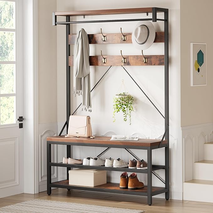 IDEALHOUSE Coat Rack Shoe Bench Industrial Hall Tree Storage Bench for Entryway Wood Look Accent Large Shoe Rack with Storage Shelf Hanging Bar,8 Hooks Grey 39.9"x15.7"x72"