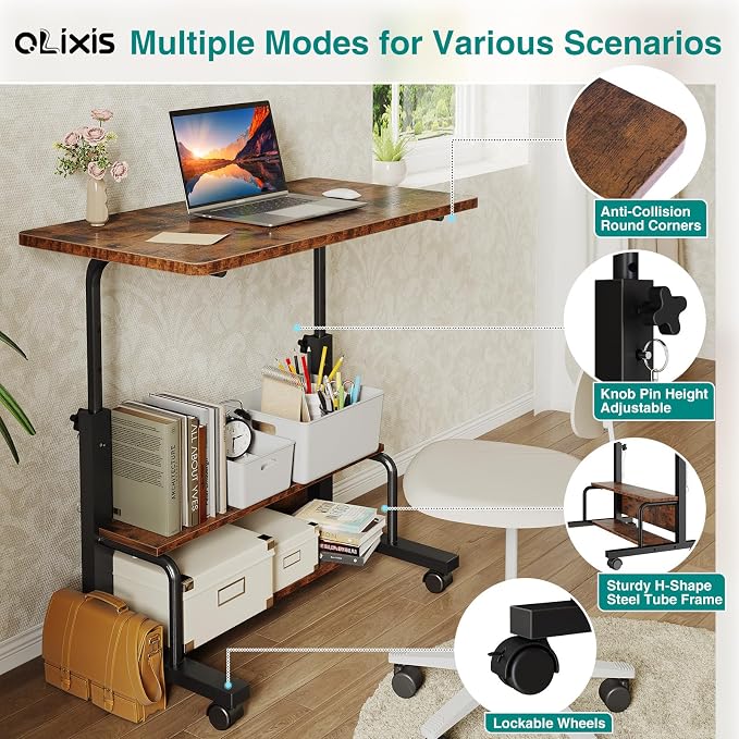OLIXIS Rolling Desk, Storage Shelves, Laptop Table, Home Office | Height Adjustable Design, Computer Desks on Wheels, Portable for Small Spaces Use, Rustic Brown