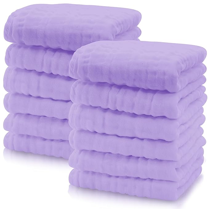 Cute Castle 12 Pack Muslin Baby Washcloths - Large 12'' by 12'' - Ultra Soft 100% Cotton - Super Absorbent Burp Cloths for Unisex, Boy, Girl -Purple