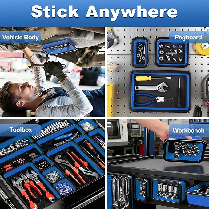Collapsible Magnetic Parts Tray Set with Extra Strong Magnet Up to 18LB, 3 Different Size Silicone Foldable Tool for Organizing Screw Bolts Nuts Washers Pins and Other Small Metal Parts -Blue