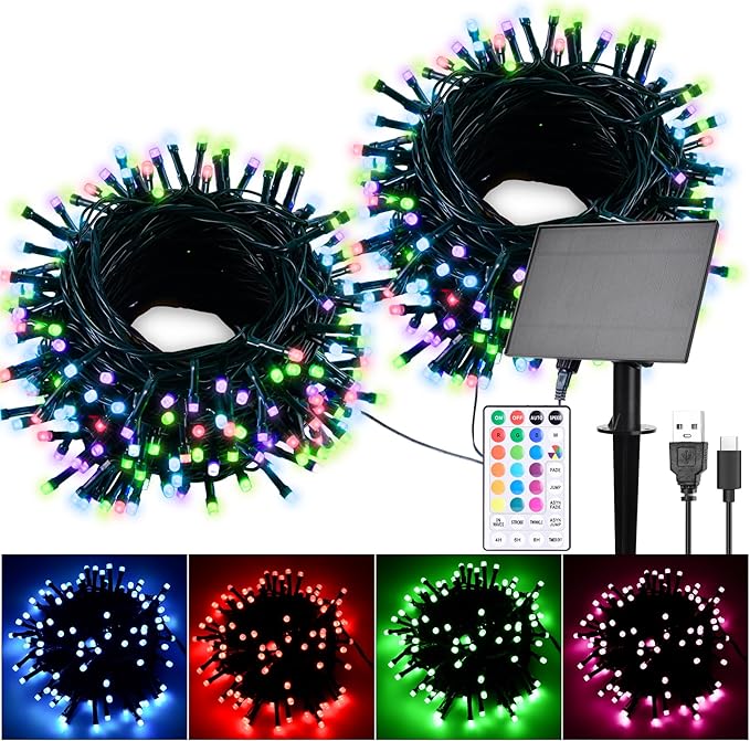 80Ft Solar String Lights for Outside, 18 Colors Changing 200 LED Solar Powered & USB Christmas Lights with Remote, RGB Waterproof Outdoor Fairy Light for Patio Yard Tree Garden Party Decor