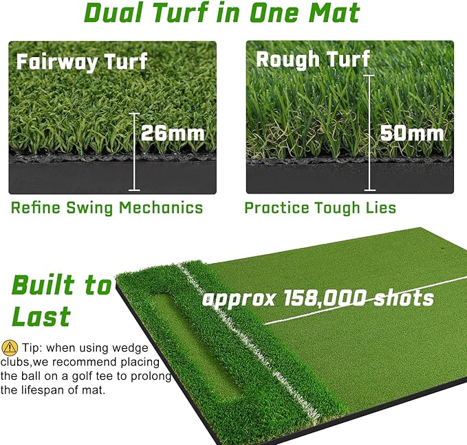 Dual-Turf 45/50MM Golf Hitting Mat, Built-in Ball Tray, Alignment Aid, Golf Mat Practice Outdoor & Indoor, Driving Chipping Putting in Backyard Garage Basement, Gift for Men Dad Golfer