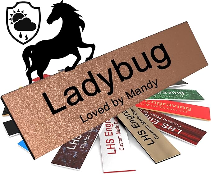 Horse Stall Name Plate, 2x6 Personalized Stall Signs, UV Protected, All Weather Adhesive, Hanging, Mounting or Other, Textured Copper Plastic Black Letters - Made in USA - M2