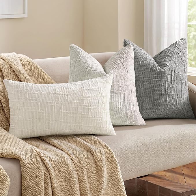 decorUhome Textured Chenille Throw Pillow Covers 22x22 Set of 2 Light Grey | Fall Modern Farmhouse Soft Cozy Slubby Couch Pillow Cases Boho Decorative Pillow Cases for Bed Sofa Living Room Home Decor