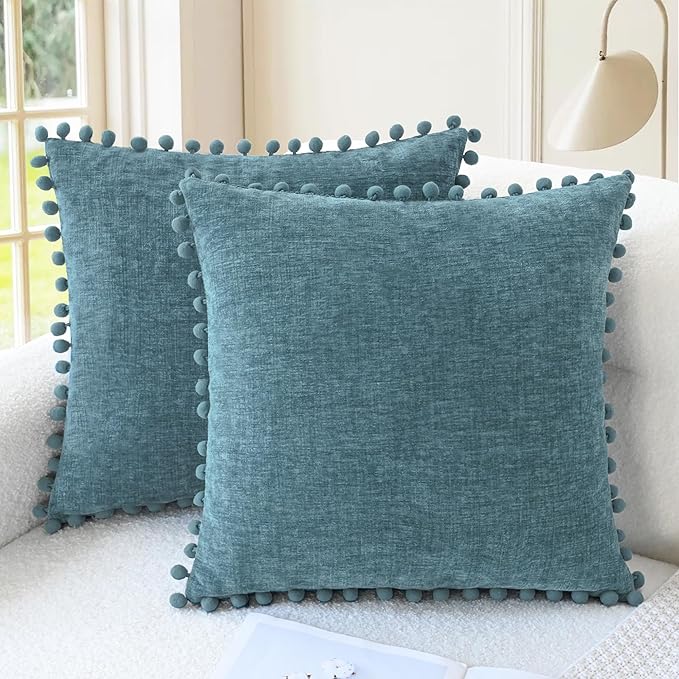 CaliTime Decorative Couch Throw Pillow Covers 22 X 22 Inches Smoke Blue | Pack of 2, Cozy Chenille Cushion Cases, with Pom Poms for Sofa Bed Living Room Farmhouse Home