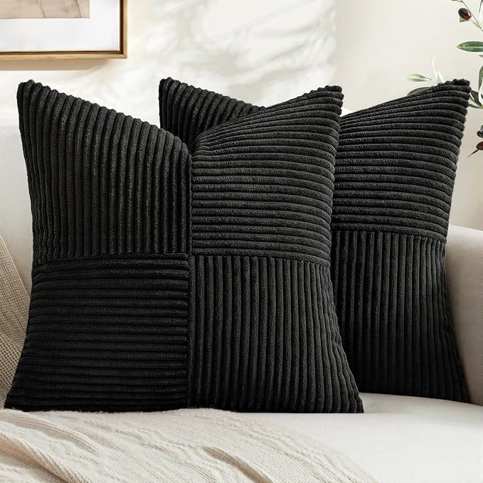 MIULEE Black Decorative Throw Pillow Covers for Couch 16x16 Inch | 2 Pack, Boho Farmhouse Pillow Covers, Soft Cross Corduroy Patchwork Textured Cushion Cases For Bed Sofa