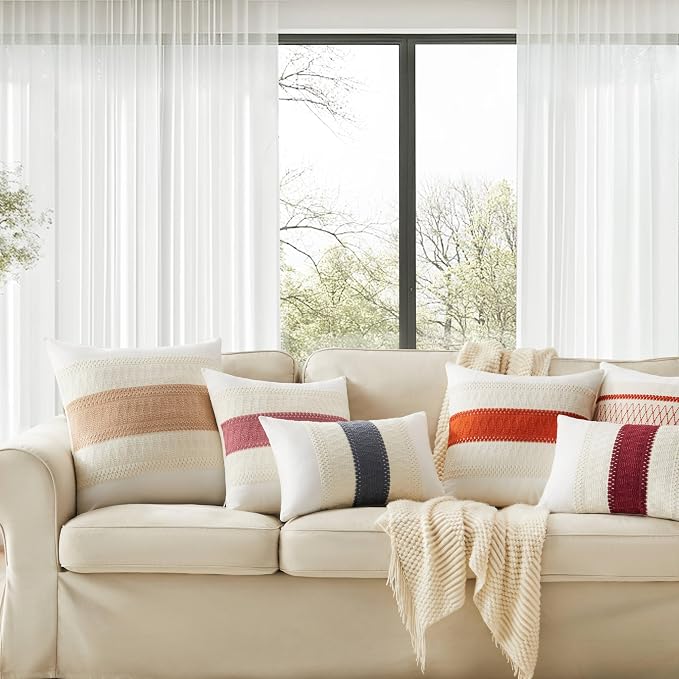 2pk Boho Pillow Covers 22x22, Natural White/Contrast/Red | 100% Organic Cotton Body, Stripe Embroidery, Farmhouse Decorative Cushion Covers for Sofa Bed Living Room Home Decor