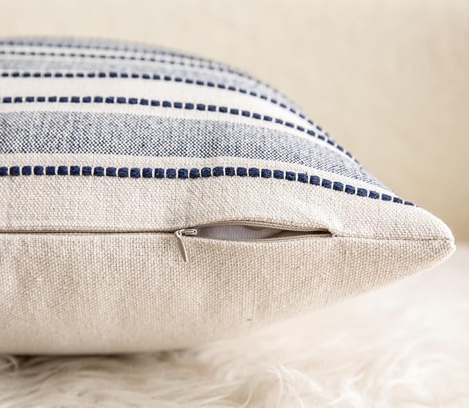 Cethom Decorative Boho Lumbar Throw Pillow Covers, Farmhouse Textured Pillow Case, 12 x 20 Inch Set of 2, Chair Sofa Bedroom Living Room Decor Couch Cushion Case, Navy Blue and Beige