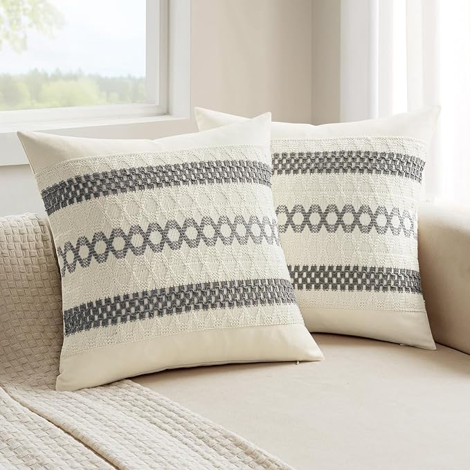 MIULEE Set of 2 Gray Boho Decorative Pillow Covers 18x18 Inch | Farmhouse Couch Throw Pillows, Modern Spring Cotton Cushion Covers, Macrame Woven Home Decor for Bed Sofa Chair