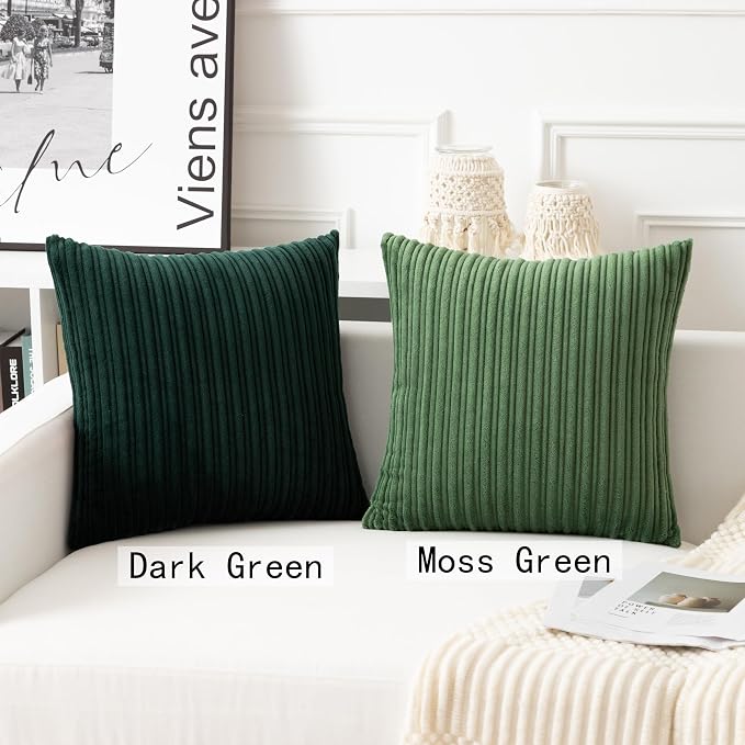 UGASA Christmas Velvet 12x20 Inch Lumbar Soft Throw Pillow Covers Decorative Striped Corduroy Both Sides Rectangular Cushion Cases Boho Farmhouse for Couch Bedroom Sofa Home, Pack of 2, Dark Green