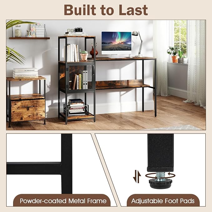 Giantex Computer Desk with Bookshelf, Modern Computer Workstation Home Office Desk with Storage Cabinet & Shelves, Metal Frame, Study Writing Desk for Small Space, Bedroom, Rustic Brown