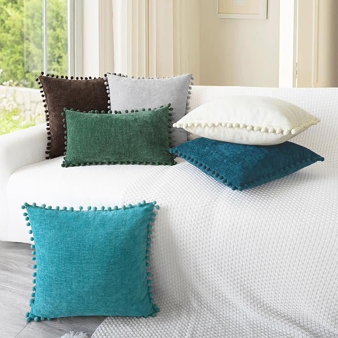 CaliTime Decorative Couch Throw Pillow Covers 16 X 16 Inches Coffee | Pack of 2, Cozy Chenille Cushion Cases, with Pom Poms for Sofa Bed Living Room Farmhouse Home
