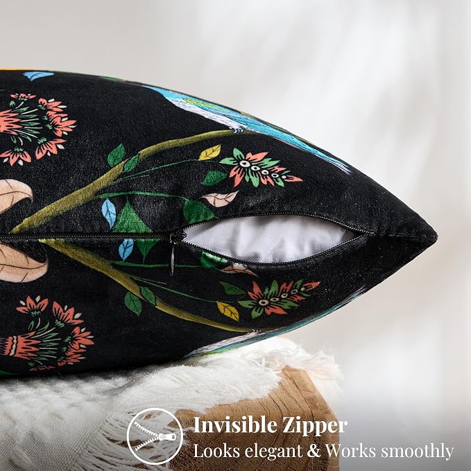 MUSSEL Black Velvet Floral Decorative 16x16 Pillow Covers Set of 2 | Soft Durable and Sturdy,Bird Plant,Throw Pillows Case,Square,Colorful Modern Cushion Covers,Home Sofa Bed Couch Decor