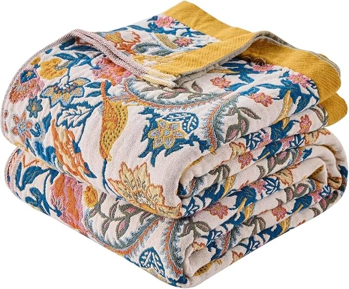 Boho Throw Blanket Farmhouse Decor Throw Blanket Bohemian Blanket for Bed 100% Cotton Muslin Woven Couch Blanket All Seasons Quilt Bedroom (A-Whiite, 80"x90")