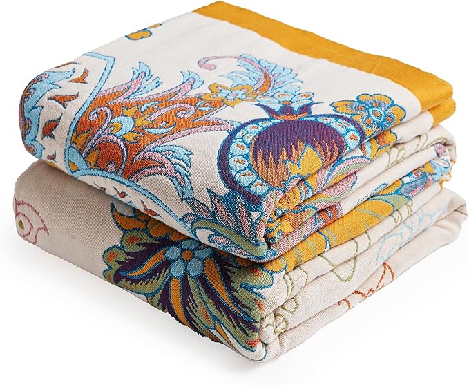 VANJOROY Boho Throw Blanket, 100% Organic Cotton Breathable Skin-Friendly Ultra Soft Bed Quilt Throw - All Season Floral Bird Farmhouse Décor Luxury Blanket for Sofa Couch Chair and Gift. 60" x 80"