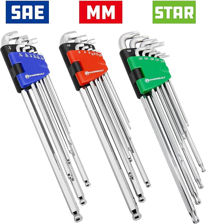 Powerbuilt 9 Piece SAE Stubby End, Extra Long Arm Ball End Hex Key Wrench Set, L-Wrenches for Tight Places, Storage - Blue 240099