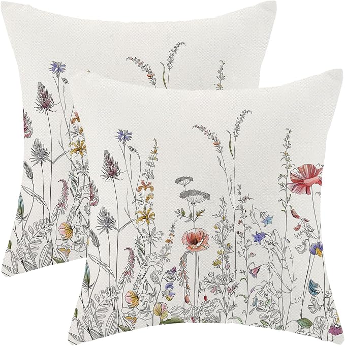 AEIOAE Spring Pillow Covers 16x16 Inch Set of 2, Black Wild Flower Throw Pillows Case,Colorful Seasonal Floral Plant Outdoor Decorative Farmhouse Decor Cushion Covers for Home Sofa Bed Couch