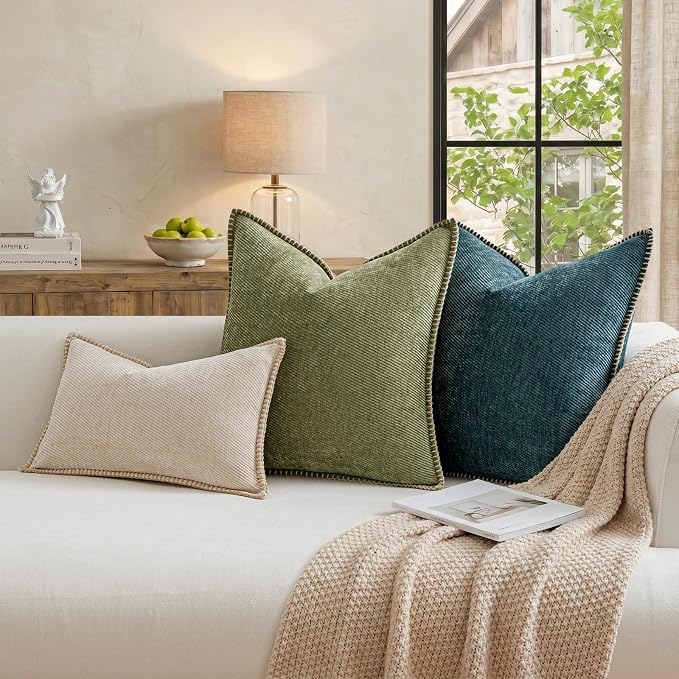 a moment Pack of 2 Decorative Chenille Throw Pillow Covers with Twill Cushion Covers for Sofa Living Room Couch Bed 22x22 Inch,Crafted Border Dark Teal