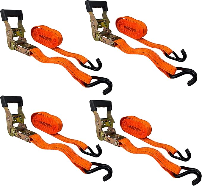 HFS(R) 4PC 1-1/2" x 15 ft Heavy Duty Ratchet Cargo Tie Down Straps 3000lbs Dual J-Hooks Orange