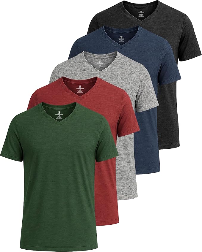 5 Pack Men's Dry Fit V Neck Gym Workout T Shirts Athletic Moisture Wicking | Cooling, Quick Dry, Breathable, Short Sleeve, Exercise, Cycling, Sports, Outdoor, Fitness, Golf, Crossfit, Hiking, Tennis