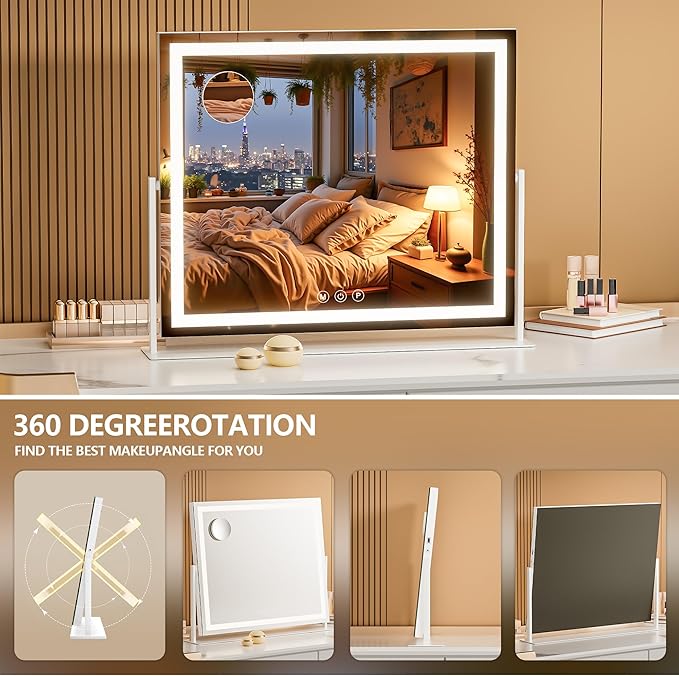 Vanity Mirror with Lights, 34'' x 26'' Lighted Makeup Mirror, Touch Screen with 3-Color Lighting, Dimmable for Vanity Desk Tabletop Square White