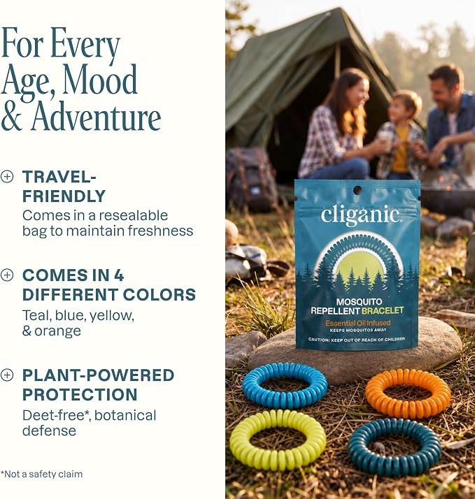 Cliganic 25 Pack Mosquito Repellent Bracelets for Adults & Kids - Natural DEET-Free Bands, Individually Wrapped