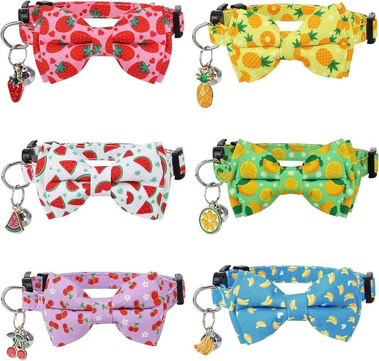 6 Pack Breakaway Cat Collars with Bow Tie and Bells Fruit Pendants Adjustable Safety Kitten Collar Fruit Cat Collar with Bell Ideal for Girl Boy Cats