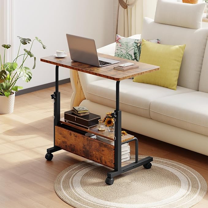 DUMOS Rolling Desk, Storage Shelves, Laptop Table, Home Office | Height Adjustable Design, Computer Desks on Wheels, Portable for Small Spaces Use, White
