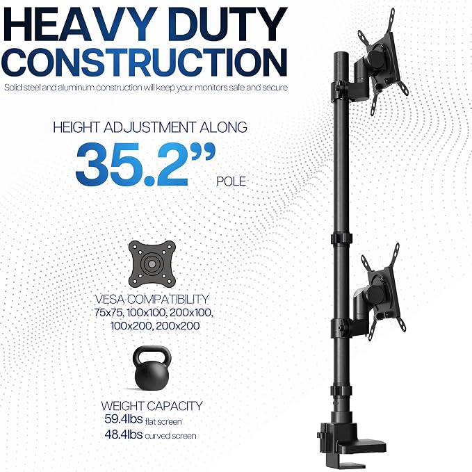 VIVO Dual Vertically Stacked Ultra-Wide Monitor Desk Mount for up to 57 inch Screens, Heavy Duty Adjustable Stand for 2 Ultrawides, 59.4 lbs Capacity, Black, STAND-V257R